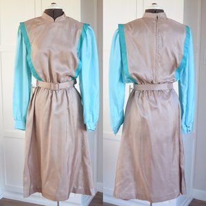 SOLD ON EBAY VINTAGE Late 60's Checkaberry Seafoam Blue & Tan Dress w/Belt,Sz 16